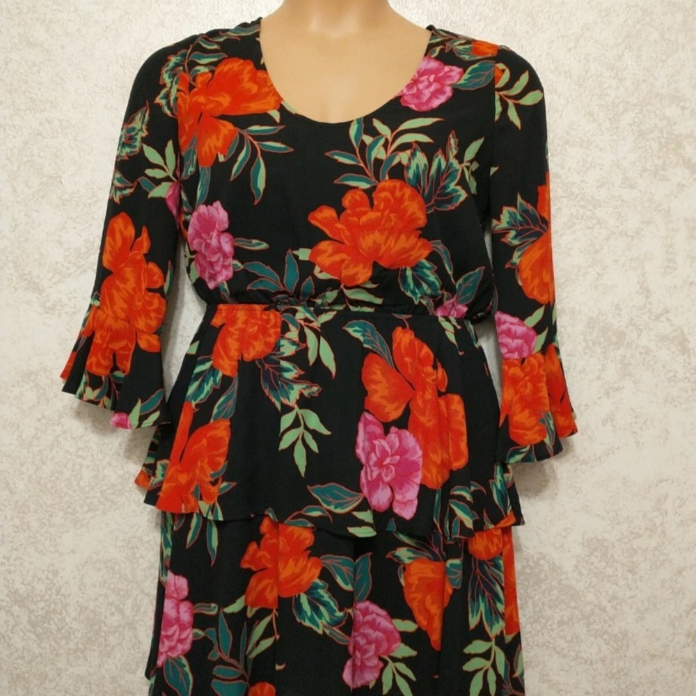 Express Vibrant Floral Midi Dress - Black, Orange, Pink